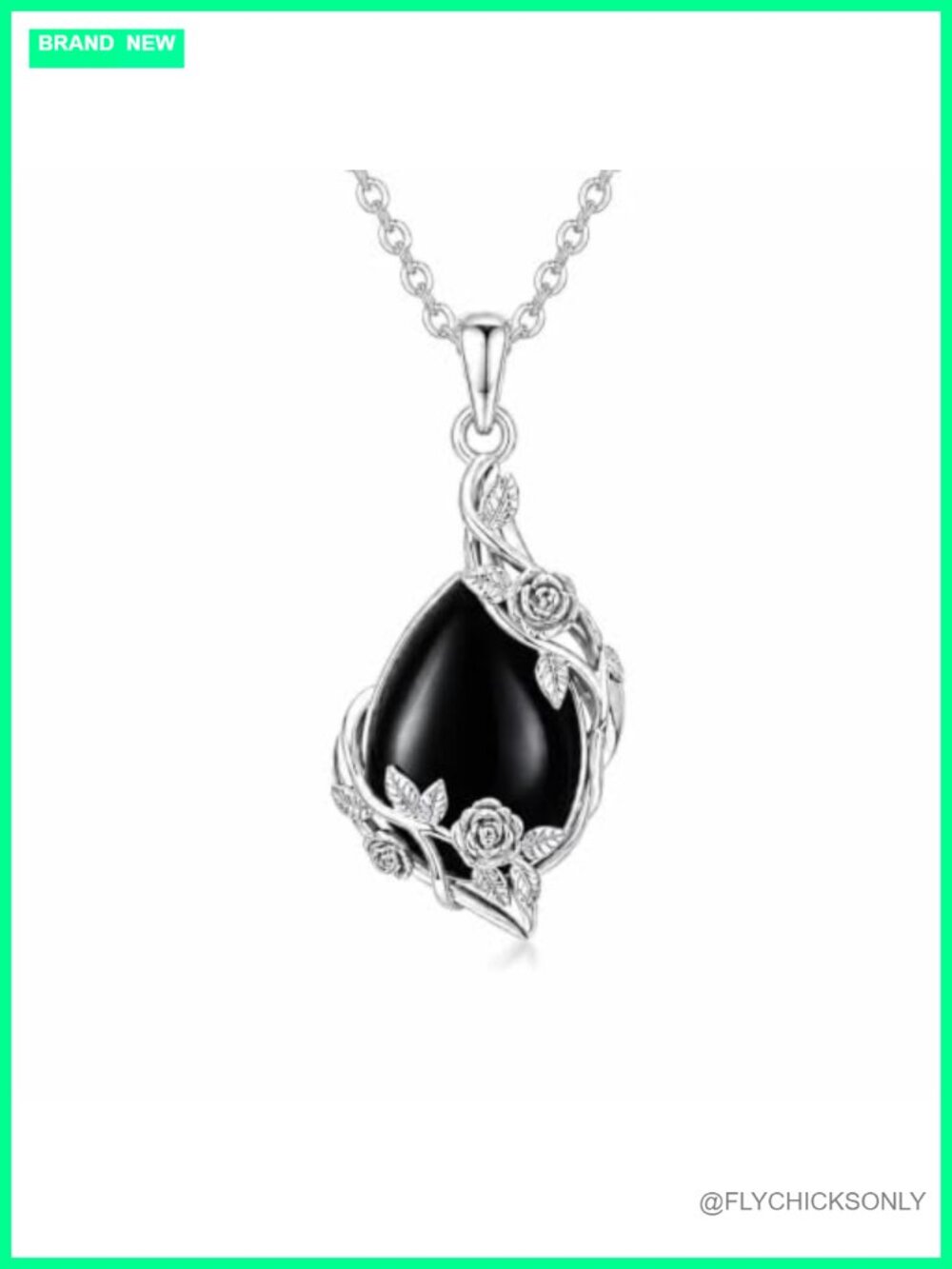 White Gold Plated Black Onyx Teardrop Pendant Necklace Rose Vine